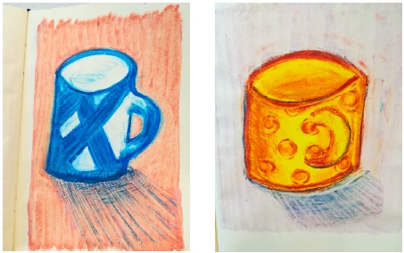 Two hand drawn pictures of mugs. The picture on the left is of a white mug with a thick blue criss-cross pattern. This mug has been drawn onto a bright peachy background with blue lines spilling our from under the mug to emphasis a shadow. The other mug is yellow with red polka dots. 