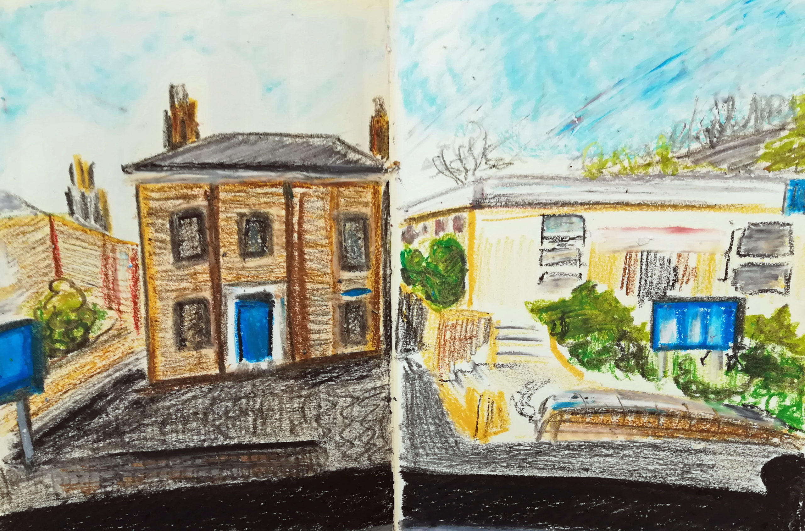 Two hand drawn images of a building side by side, one drawing shows a large two-storey building with large windows, three on the top floor and two on the bottom in each corner of the building. There is a blue front door and slanted roof with two chimneys, one on either end of the roof. There is a sign coloured in blue on the front drive. The other image of a building shows a single story building with a flat roof and roughly drawn in windows and a small number of steps up the the building, this image also features a sign coloured in, in blue.